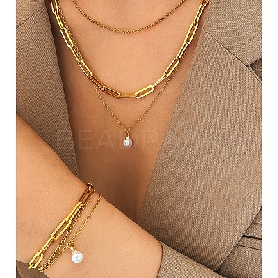 3-Layer 304 Stainless Steel Oval Link Chain Necklaces & Bracelets Sets FS-WGE493C-01-1