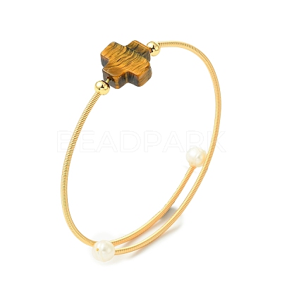 Natural Gemstone & Freshwater Pearl Beaded Copper French Wired Cuff Bangles for Women BJEW-JB13983-1