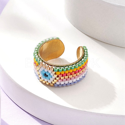 Glass Seed Beaded Evil Eye Open Cuff Rings RJEW-MZ00007-1