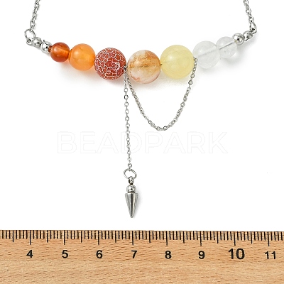 Natural Carnelian & Red Agate & Quartz Crystal Round Graduated Beaded Pendant 304 Stainless Steel Cable Chain Necklaces for Women NJEW-TA00242-01-1