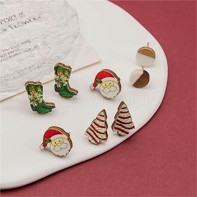 4 Pairs Santa Claus & Boot & Christmas Tree Printed Wood Stud Earrings EJEW-OY001-03-1