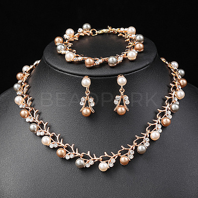 Alloy Rhinestone & Plastic Imitation Pearl Leaf Link Chain Necklaces & Stud Dangle Earrings & Link Bracelets Sets WG65A67-02-1