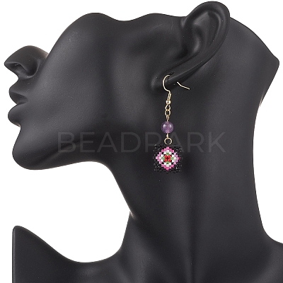 Handmade Glass Seed Beaded Window Lattice Pattern Dangle Earrings EJEW-MZ00560-1