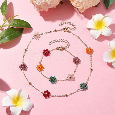 Glass Flower Links Bracelets & Necklaces Sets SJEW-JS01296-1