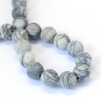 Frosted Natural Black Silk Stone/Netstone Round Bead Strands X-G-E334-8mm-25-1