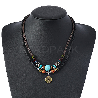 Adjustable Coin Alloy & Synthetic Turquoise & Wood Beaded Pendant Necklaces FS-WG4430E-01-1