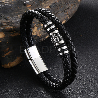 Stainless Steel Skull Beaded Leather Double Layer Multi-strand Bracelet SKUL-PW0004-26E-01-1