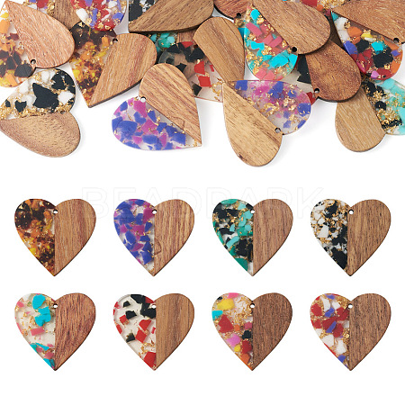  16Pcs 8 Colors Transparent Resin & Walnut Wood Pendants RESI-TA0002-16-1