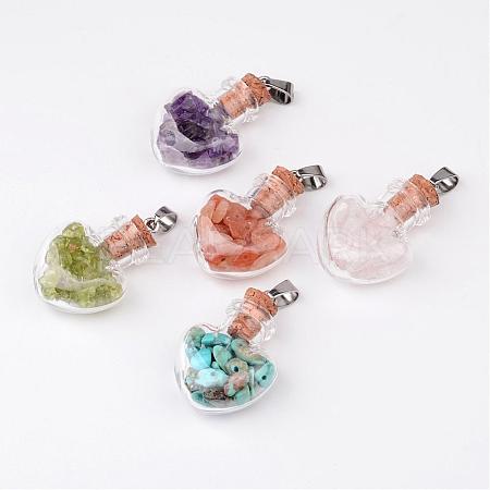 Heart Glass Bottle with Natural & Synthetic Mixed Stone Inside Pendants PALLOY-JF00172-1