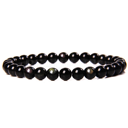 Natural Golden Sheen Obsidian Stone Round Beaded Stretch Bracelet SF8562-24-1