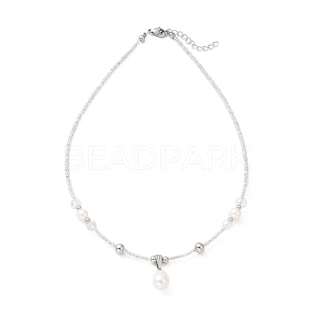 Natural Pearl Pendant Necklace with Glass Beaded Chains NJEW-M201-01A-1