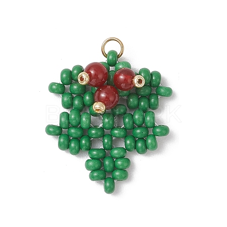 Christmas Handmade Glass Seed Beaded Ilex Aquifolium Leaf Pendants PALLOY-MZ00849-1