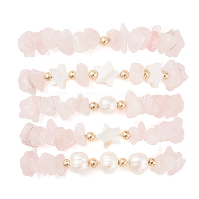 5Pcs 5 Style Natural Rose Quartz Chips Stretch Bracelets Set BJEW-JB09551-02-1
