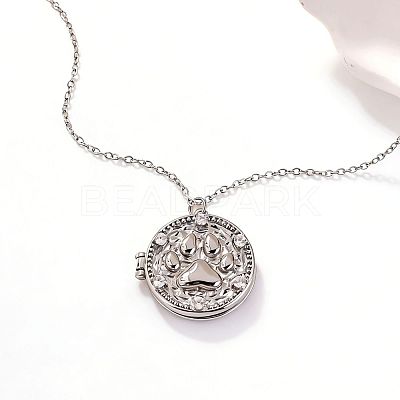 Brass Pave Clear Cubic Zirconia Flat Round with Paw Print Photo Locket Pendant Necklaces for Women WG0A403-06-1