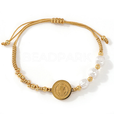 Imitation Pearl and Brass Saint Benedict Braided Bead Bracelets KP6024-1