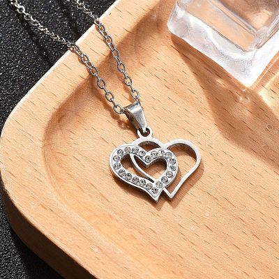 304 Stainless Steel Crystal Rhinestone Heart Pendant Cable Chain Necklaces for Women LS-NJEW-Z056-01B-P-1