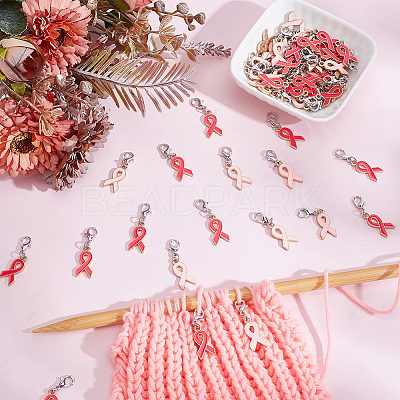 60Pcs 2 Colors Awareness Ribbon Shape Alloy Enamel Pendant Decoration HJEW-HY00036-1