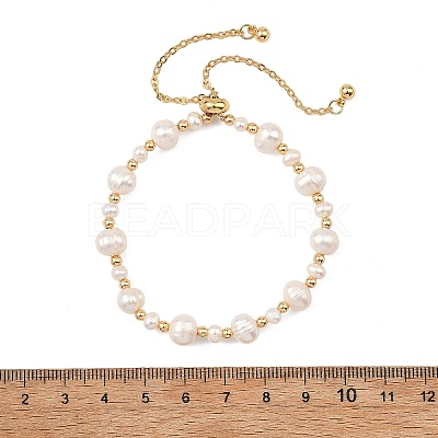 Adjustable Natural Cultured Freshwater Pearl & Brass Beads Slider Bracelets for Women BJEW-JB13878-1
