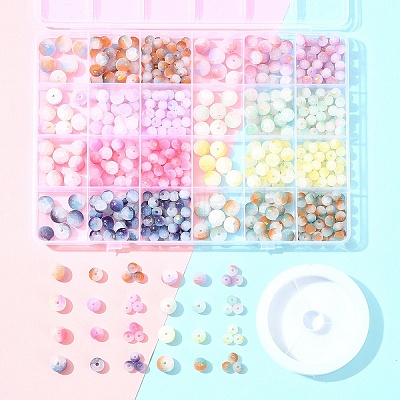 648Pcs 24 Styles Frosted Baking Paint Crackle Glass Beads with Glitter Powder DGLA-FS0001-12-1