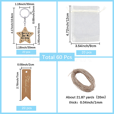 20Pcs Plywood Alloy Star Keychains KEYC-BM0001-01-1