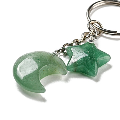 Reiki Natural Green Aventurine Moon & Star Pendant Keychains KEYC-P015-02P-03-1