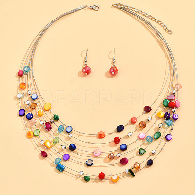Bohemian Style Alloy & Shell Flat Round Beaded Multilayer Necklaces & Dangle Earrings Sets FS-WGABD8B-01-1