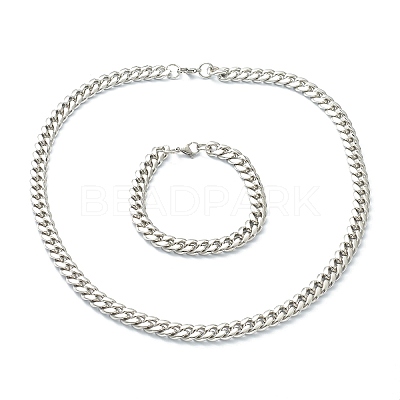 304 Stainless Steel Cuban Link Chain Bracelets & Necklaces Jewelry Sets SJEW-B019-03C-P-1
