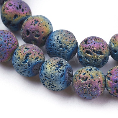 PVD Vacuum Plating Electroplated Natural Lava Rock Bead Strands G-E432-10mm-08-1