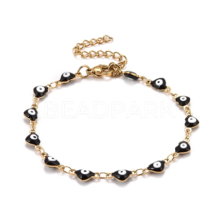 Enamel Heart with Evil Eye Link Chains Bracelet BJEW-P271-07G-03-1