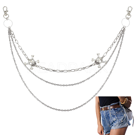 304 Stainless Steel Skull 3 Layer Chain Belts for Jeans Pants HJEW-DR00159-1