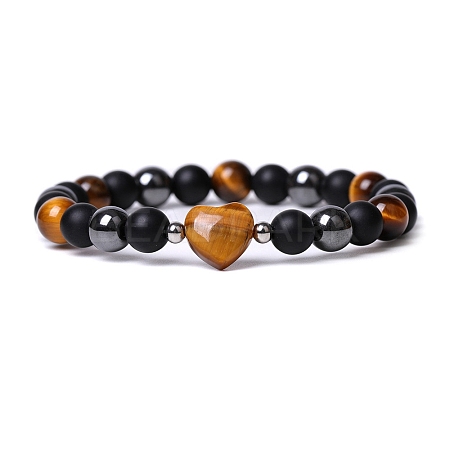 Natural Tiger Eye Heart Beaded Stretch Bracelet PW-WG70241-03-1