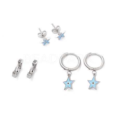 3 Pairs 3 Style Enamel Star with Evil Eye Dangle Hoop Earrings EJEW-B020-07P-1