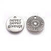 Tibetan Style Alloy Flat Round Carved Word Never Give Up Pendants TIBEP-12585-AS-RS-1