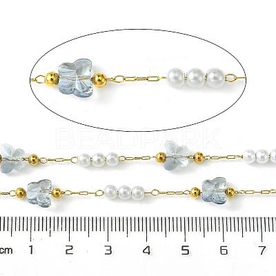 10M Ion Plating(IP) 304 Stainless Steel & ABS Plastic Pearl Bead & Butterfly Glass Link Chains CHS-G035-04G-02-1