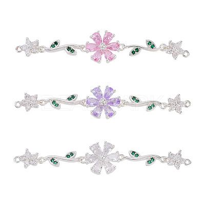 3Pcs 3 Colors Brass Pave Cubic Zirconia Connector Charms KK-TA0008-71S-1