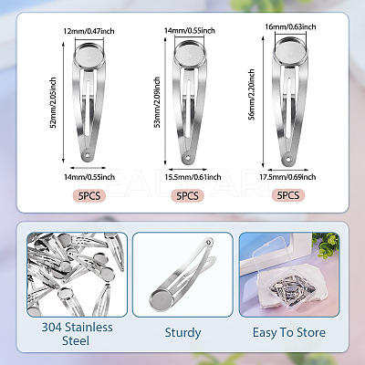 15Pcs 3 Styles 304 Stainless Steel Snap Hair Clip Finding STAS-TA0006-49-1
