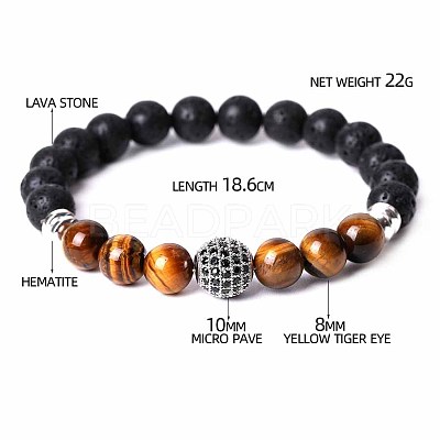 Natural Tiger Eye & Lava Rock & Cubic Zirconia Round Beads Stretch Bracelets for Men Women Round Beads Stretch Bracelets for Men Women FF8165-3-1