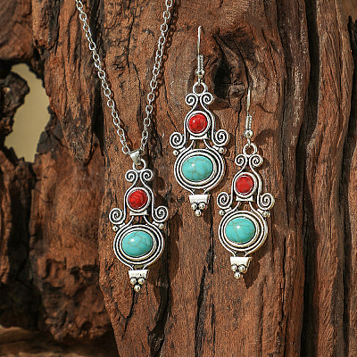 Bohemian Style Alloy & Synthetic Turquoise Pendant Necklaces & Dangle Earrings Sets WG2E1B4-05-1