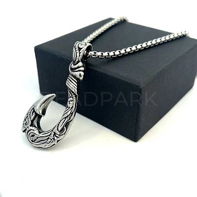 Vintage Style 304 Stainless Steel Fish Hook Pendant Necklaces for Men Women Jewelry LS-NL8016-1