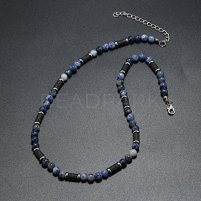 Natural Blue Spot Jasper Round and Lava Rock Column Beaded Necklaces for Men LS-AD4538-3-1