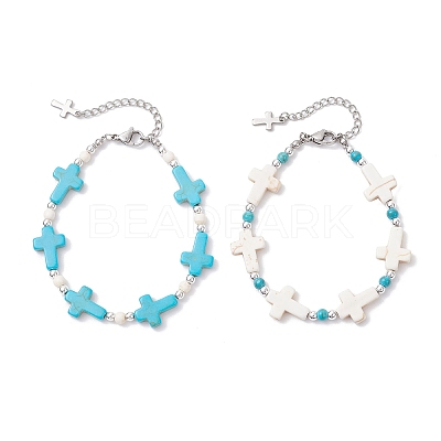 2Pcs 2 Colors Synthetic Turquoise & Non-magnetic Hematite Beaded Bracelets for Women BJEW-JB12222-1
