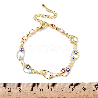 Brass Enamel Flat Round Evil Eye Link Chain Bracelets for Women BJEW-G764-01G-1