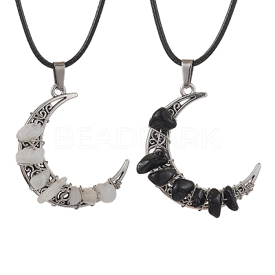 2Pcs 2 Styles Tibetan Style Alloy Moon Pendant Necklaces Set NJEW-JN04608-1