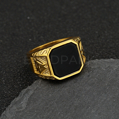 304 Stainless Steel with Natural Black Agate Finger Rings FS-WG06E27-07-1