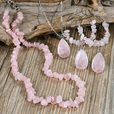 Bohemian Style Natural Rose Quartz Teardrop Pendant Necklaces & Chip Beaded Necklaces & Hoop Earrings & Dangle Earrings Sets WG11994-04-1