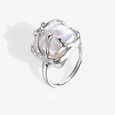 Square Rhodium Plated 925 Sterling Silver with Natural Baroque Freshwater Pearl Finger Rings for Women FS-WGEDC89-01-1
