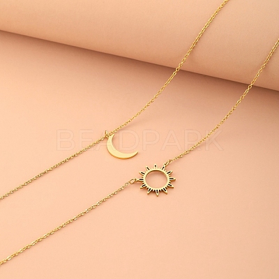 304 Stainless Steel Double Layered Sun Moon Pendant Necklaces NJEW-Z081-02G-1