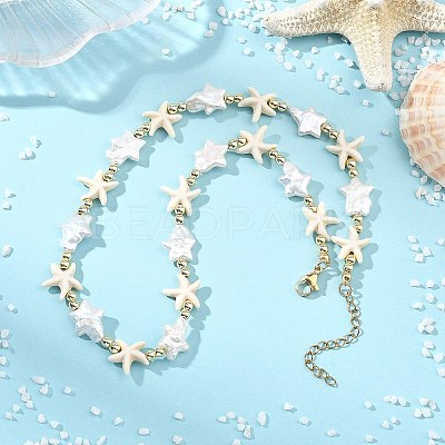 Ocean Synthetic Turquoise Starfish & Natural Baroque Keshi Pearl Star Beaded Necklaces for Women NJEW-JN06314-1