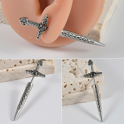 304 Stainless Steel Jet Rhinestone Sword Shaped Cartilage Earrings FS-WG69314-01-1