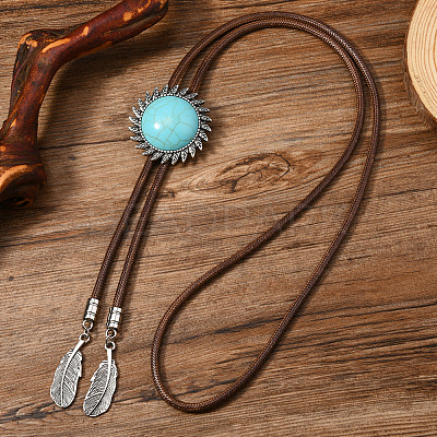 Alloy with Synthetic Turquoise Pendant Waxed Cord Bolo Tie Lariat Necklaces FS-WGCCEF8-06-1